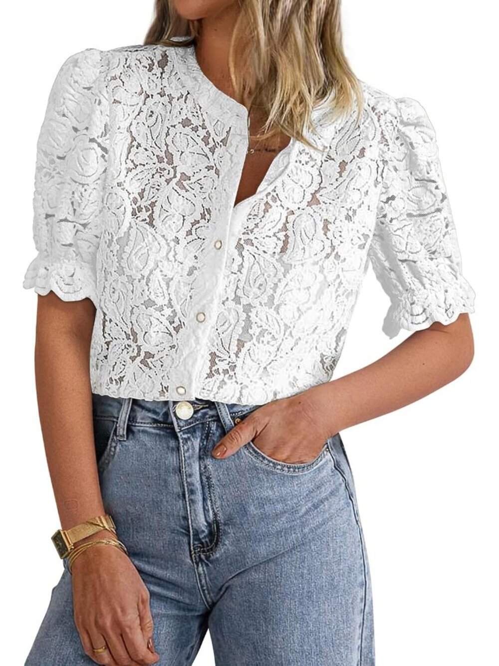 Womens Lace Tops Button Down Short Sleeve Shirts